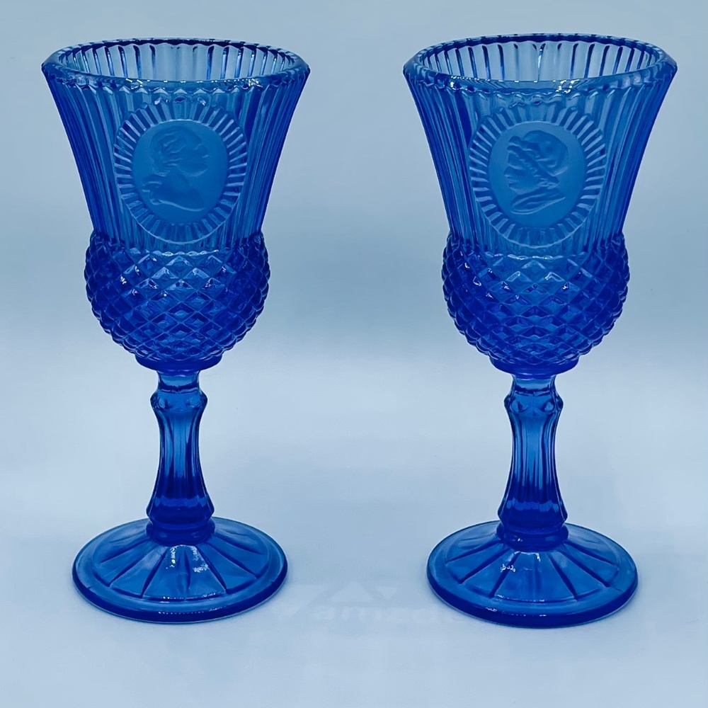 Fostoria Cobalt Blue Glass Goblets w/George and Martha Washington and Pitcher